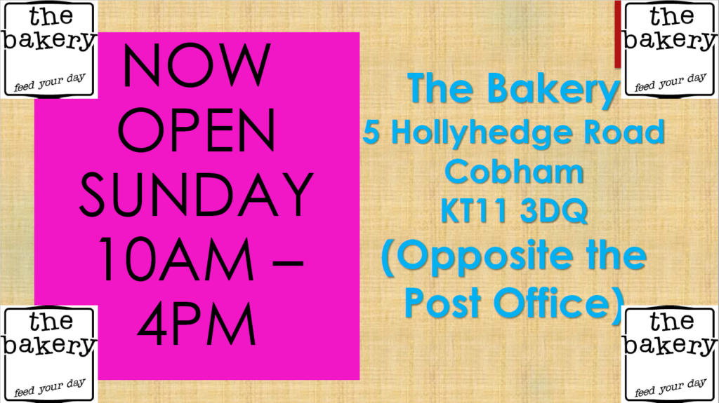 Flyer advertising Sunday opening at The Bakery, Cobham